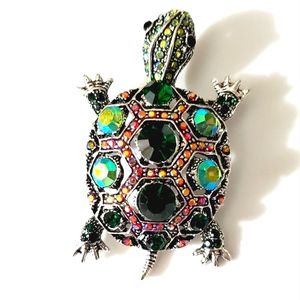 Turtle brooch pin crystals AB green emerald silver tortoise vintage style